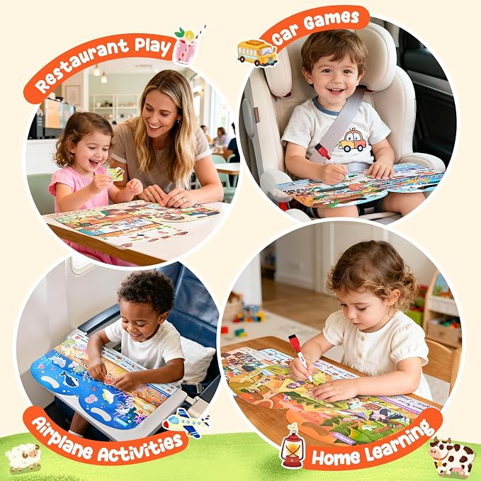 JoyCat Reusable Sticker Book Set, 4-Pack, 120+ Stickers, Kids Travel Toys | Sticker activity books for toddlers offer car, airplane and road trip fun; preschool educational gifts for boys and girls.