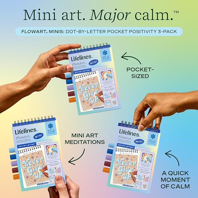 Lifelines FlowArt Mini Activity Pad, 3-Pack - Dot-by-Letter Coloring Books | 15 Double-Sided Markers & 60 Scenes - Guided Art Meditations for Tweens, Adults & Seniors - Dot-by-Letter - Patent-Pending