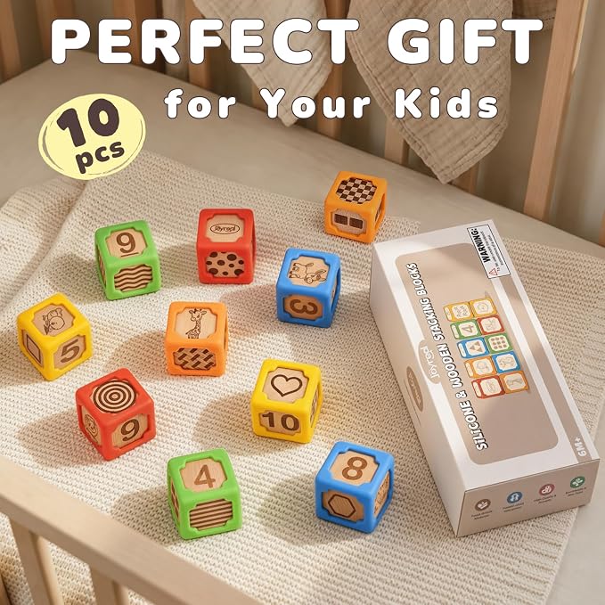 Joyreal Silicone Wooden Baby Blocks, 10PCS Montessori Stacking Blocks for Babies 6-18 Months, 1.7" Beech Wood Sensory Learning Toy with Animals, Numbers, Textures, Soft Chewable, Laser Engraved