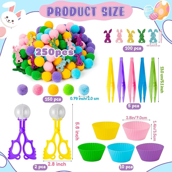 EZdhuawuse Summer Sensory Bin Fillers - 268P Summer Bunny Fine Motor Toys Rabbit Counting Sorting for Kids, Counting Toy with Shiny Bunny Pom Poms Cup Clip for Preschool Education Activities