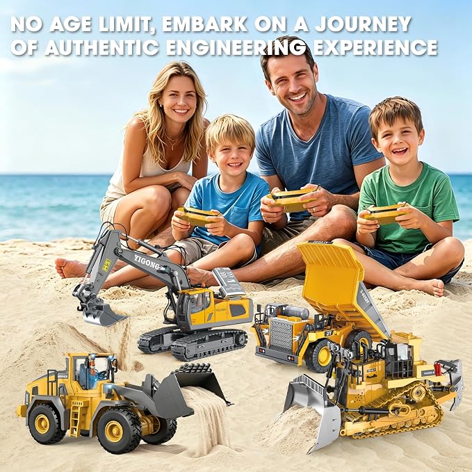 Remote Control Excavator (11-Channel), Dump Truck, Bulldozer, Loader (9-Channel), 2.4GHz Remote Control Construction Vehicles, Metal Construction, with Cool Lights and Sound Effects, 4-Pcs