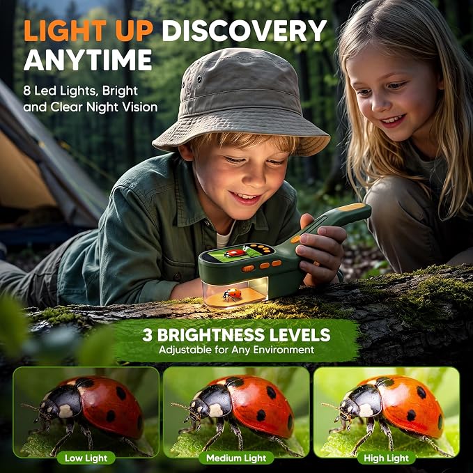 Bug Catcher for Kids with Kids Microscope, 500X Zoom Camera Toy | 9-in-1Handheld Bug Catcher Kit with 2.4" IPS Screen, Photo Video Recording, Led Lights for Outdoor Exploration STEM Toy