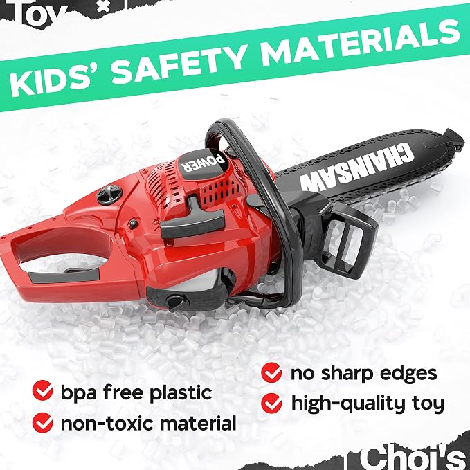 Toy Choi's Toy Chainsaw with Realistic Sound，Kids Gardening Tool Play Set | Rotatable Safe Chain, Sturdy Plastic Kids Chainsaw for Boys Girls Ages 3 4 5 6 7 8 with Toy Tool Set, Yard Pretend Play Gift