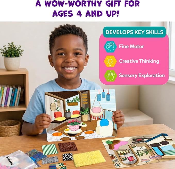 Skillmatics Fab Tabs – Dream Home, 3D Sensory Fabric Art, Sewing Craft Kit | Peel & Stick Sticker Activity, Mess-Free Play, Travel Toy, Gifts for Boys & Girls Ages 4, 5, 6, 7, 8, 9