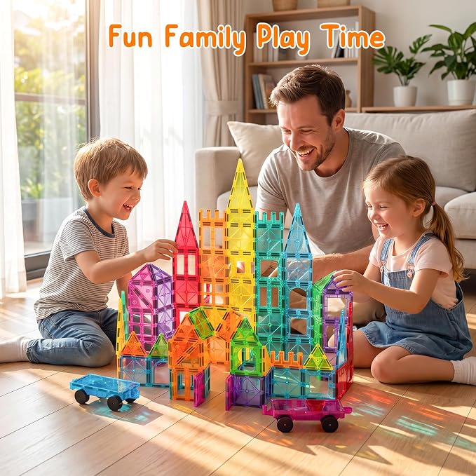 Bmag Magnetic Tiles Building Blocks Set with 2 Cars 100Pcs, Designed for Open-Ended Building and Versatile Play, Gifts for STEM Support and Parent-Child Interaction for Kids Aged 3+