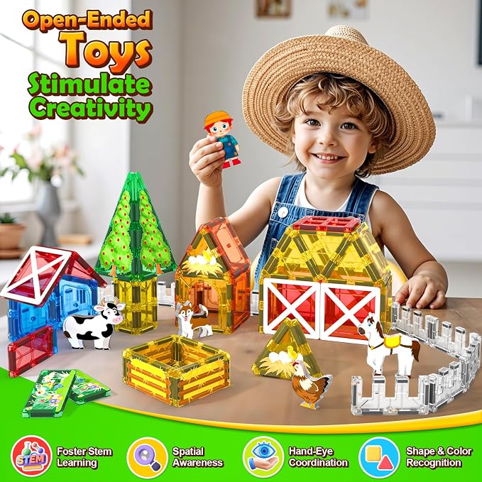 Magnetic Tiles Toys with Farm Animals for 3+ Year Old Toddler, Magnetic Blocks Building Toys for Kids Ages 3-5 5-7 Girls Boys, Classroom Must Haves