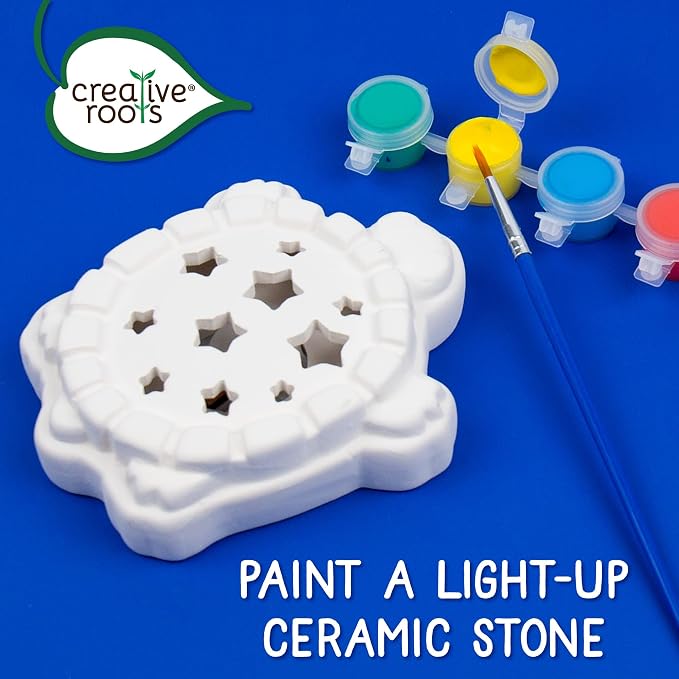 Creative Roots Mini Light Up Turtle Stepping Stone with Color-Changing LED, Acrylic Paints, and Paintbrush - Ceramic Craft Kit for Kids