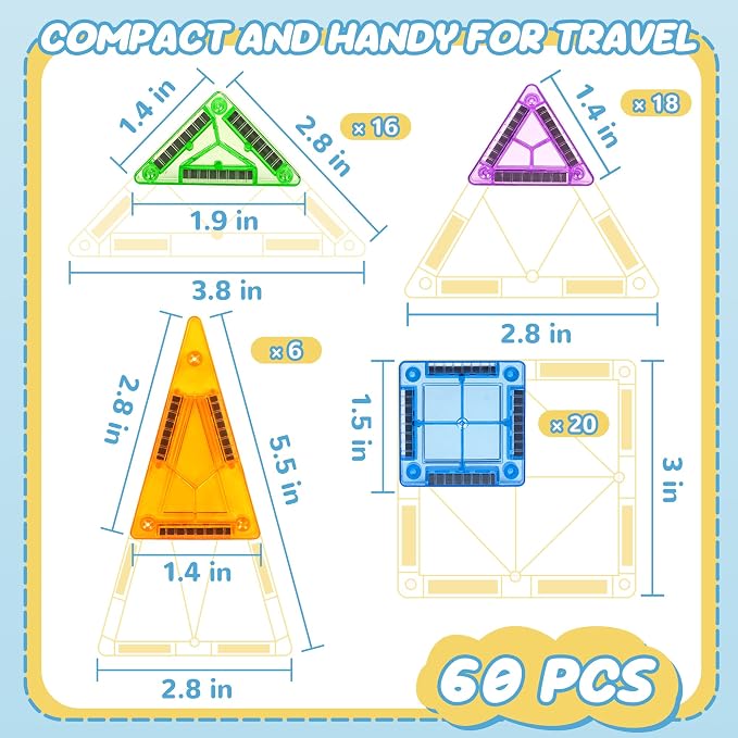 cossy Mini Magnetic Tiles, 60 PCS Magnet Tiles Travel Toys with Iron Box, Travel Magnetic Tiles for Restaurant, Car & Plane Play, Toys for 3 4 5 6 7 8 Year Old Boy and Girl