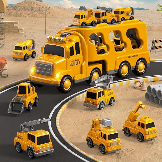 Beby Buty 8 in 1 Construction Trucks Cars Toys for Toddlers 3-5, Boy Toddler Car Truck Toys with Playmat and Light Sound, Birthday Gifts for 3 4 5 6 Year Old Boy
