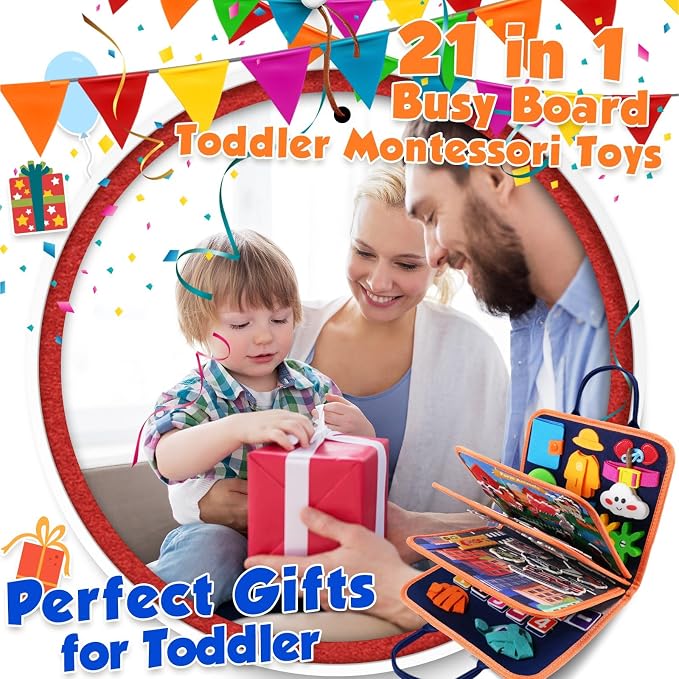 Toddler Toys Montessori Busy Board, Busy Book Toy for Toddlers Ages 1-3 | 2 Year Old Boy Girl Birthday Gift, Montessori Toys for 1 Year old Boy, Educational Activity Book for Learning Motor Skills