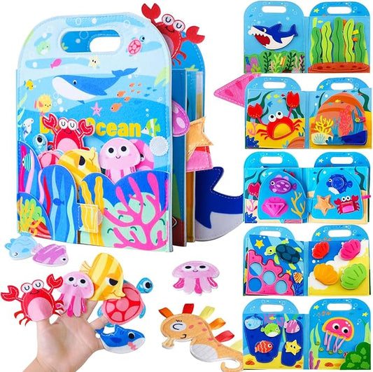 Travel Toys for Toddlers,Ocean Busy Book for Toddlers 1-3, Felt Activity Book, Busy Board for 1 Year Old Girls Montessori Toys, Quiet Book FineMotor Skills Learning Toys,Gifts for Children