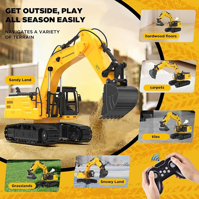 1:18 Metal RC Excavator Toy for Kids | 11-Channel Remote Control Construction Vehicle with Water Spray, Lights & Sounds, Dual 100-Min Batteries, 2026 New STEM Engineering Toy for Boys Ages 6-12