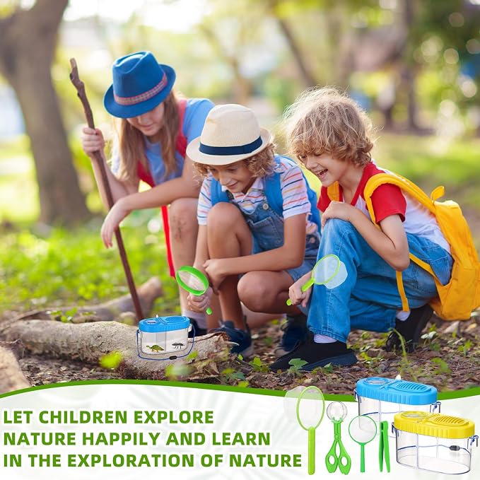 Halloscume 2 Sets Bug Catcher Kit Outdoor Toy Gift for Kids Outdoor Explorer Kit Kids Bug Catching Kit Insect Bug Habitat with Magnifying Glass, Tweezers, Bug Catcher and Net for Science Exploration