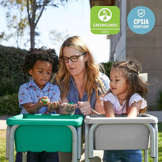 ECR4Kids 2-Station Sand and Water Adjustable Play Table, Sensory Bins, Grey/Emerald | Durable plastic/steel, GREENGUARD Gold Certified, 3-5 years, 80 lb capacity, adjustable legs, easy-lift lids, indoor/outdoor