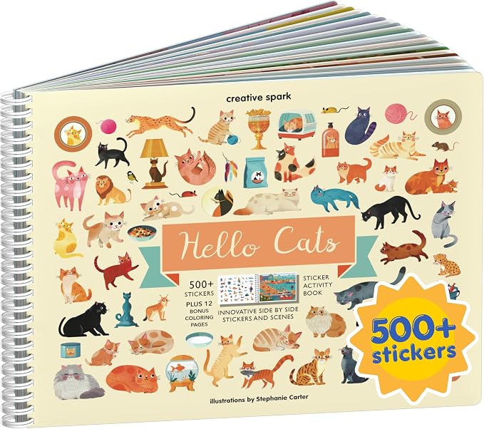 Cupkin Hello Cats Coloring & Sticker Activity Book | 500+ Stickers | Spiral-bound kids craft format with 12 scenes, 12 art pages, side-by-side viewing, and an easy-peel design for ages 2–8
