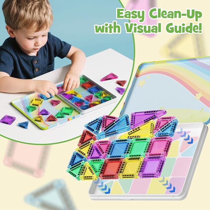 Magnetic Tiles Travel Set Toddlers: 42PCS Mini Building Blocks for Planes | Iron Case Flips to Play Base, 1:1 STEM Visual Guide Teaches Cleanup, Candy Colors Quiet Car Ride Activities for Kids Ages 3-5