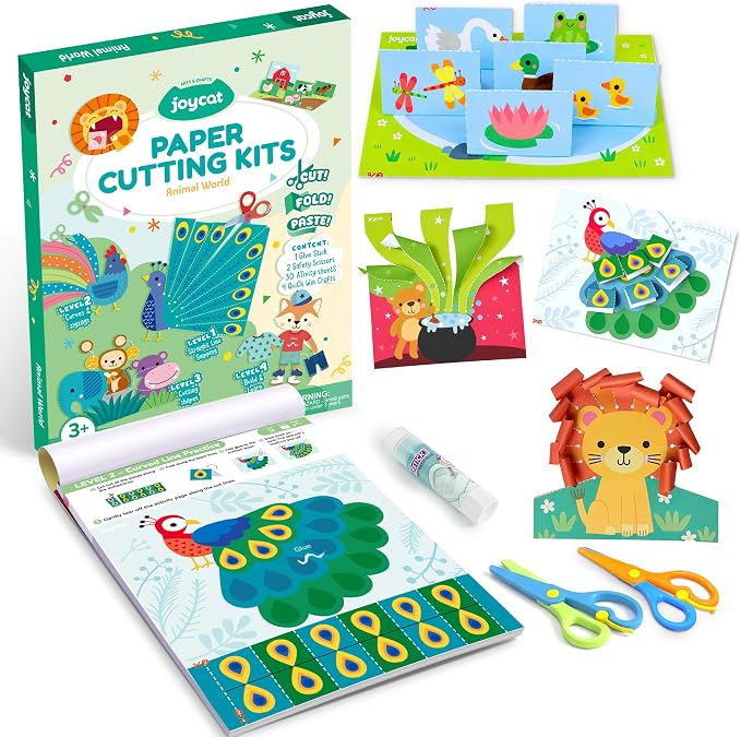 JoyCat Scissor Skills Activity Kit, Toddler Scissors Ages 3-5, Animals | Preschool workbook with 34 animal activities, scissors for kids and glue for 4-level toddler arts and crafts.