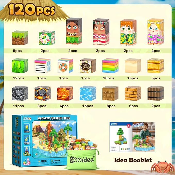 120PCS Magnetic Blocks Hawaii Mine Magnet World Building Cubes for Kids 3+ | Magnet Building Blocks, STEM Sensory Educational Toys, Christmas Birthday Gifts for Boys Girls, Outdoor Kids Toys