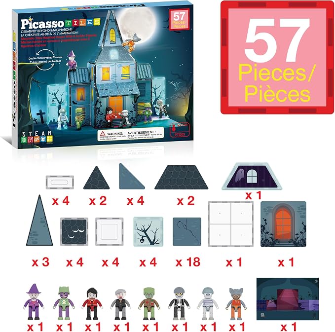 PicassoTiles 57 PCS Magnetic Tiles Halloween Haunted House STEM Set Ages 3+ | 8 action figures with rotating limbs, double-sided tile prints, doors and windows, creative storytelling playset, BPA-free