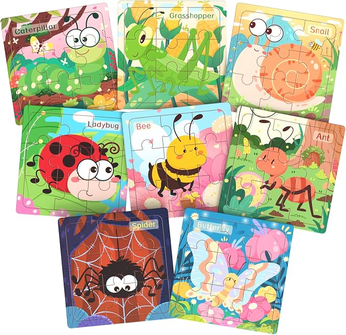Zeoddler Wooden Puzzles for Toddlers, 8 Pack Insect Animal Jigsaw Puzzles for Kids3-5, 9 Pieces Preschool Learning Activities, Learning & Educational Toys, Gift for Boys, Girls