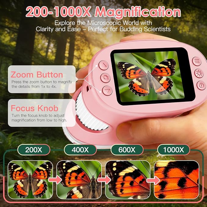 4K 1000X Handheld Digital Microscope for Kids with 2.0" IPS Screen(Pink) | 200-1000X Magnification, STEM Toys Birthday Gifts for Girls Boys Child, Science Kits for Kids Age 4-12