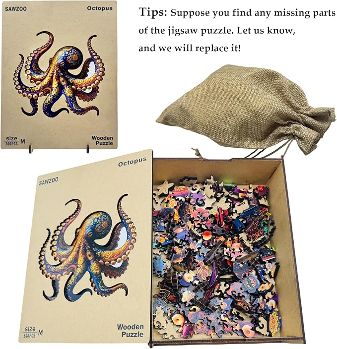 Wooden Puzzles for Adults, Octopus Jigsaw Puzzles for Adults, 5MM Unique Animal Shaped Wood Cut Puzzles 200 Piece, Fun Challenging Octopus Puzzles Gift for Kids Family Game Night Home Decor 10.5*11in