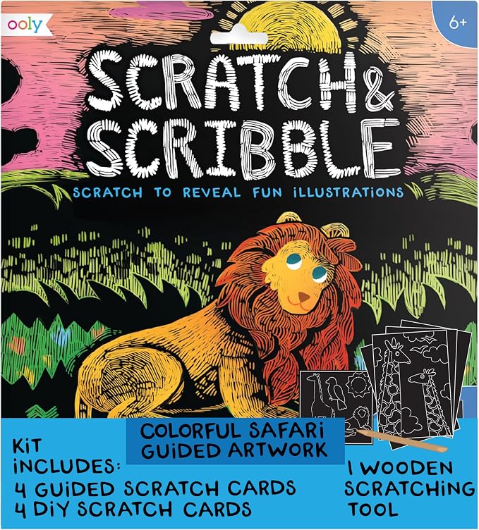 Ooly Scratch & Scribble Art Kit, 8 Cards, Sticker Sheet – Colorful Safari | Ages 6+, Wooden Stylus and Stickers Included, Screen-Free Portable Car and Airplane Travel Activity, Gift for Kids