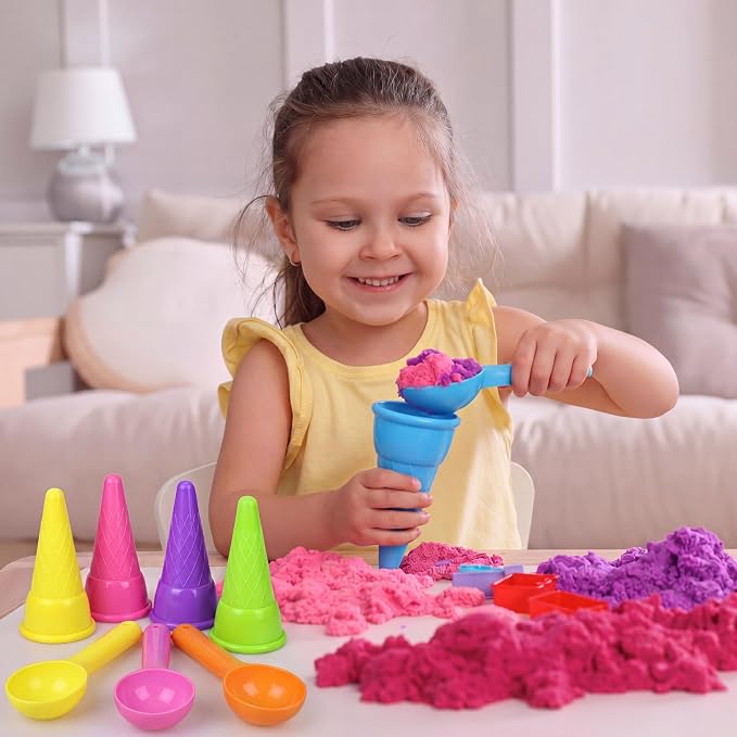 Potchen 30 Pcs Plastic Ice Cream Cones and Scoop Set Outdoor Beach Toys Kids Sand Mold Set Summer Sandbox Ice Cream Mold for Sensory Bin Outdoor Play Backyard Seaside Activities Party (Light Color)