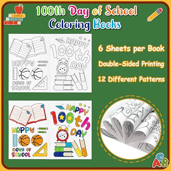 24Pcs 100th Day of School Coloring Books Happy 100 Days DIY Color-in Pages Pencil Book Clock Cute Patterns Drawing Booklet Classroom Reward Art Activity Gifts Party Favors Supplies for Kids