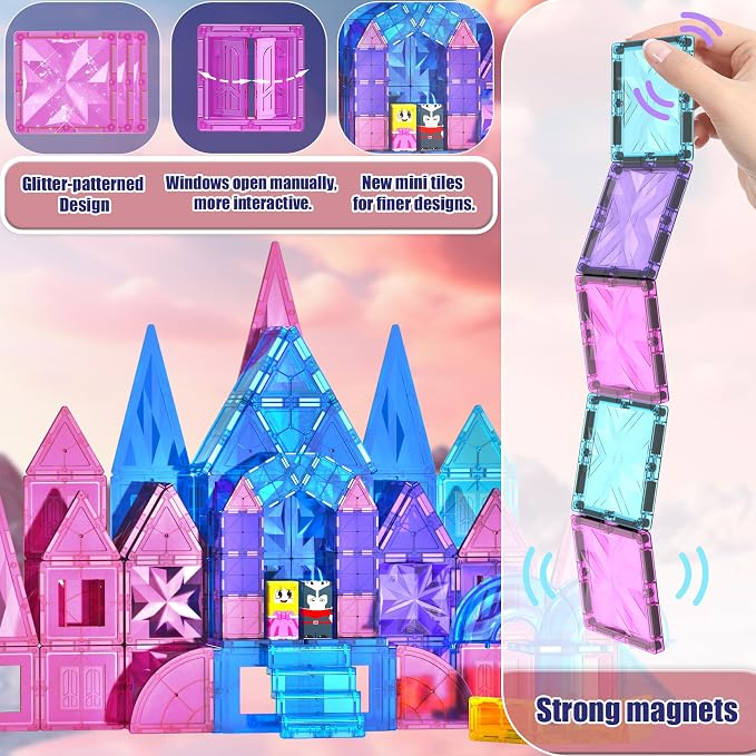 SKTMYY 114pcs Magnetic Tiles for Kids, 3D Diamond Princess Ice Castle | Magnet Blocks for Age 3-5 4-8, STEM Educational Toys, Montessori Preschool Classroom for Toddlers, Girls Kids Birthday Gift