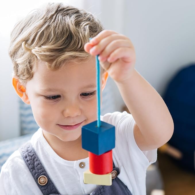 PlanToys® Geo Lacing Beads Wooden Montessori Fine Motor Early Math Kids Toy | geo lacing beads, wooden montessori fine motor early math, shape recognition colour exploration, threading coordination, kids