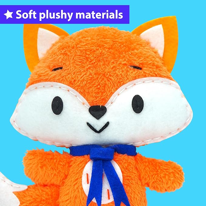 KRAFUN Fox Sewing Kit for Kids Ages 8-12 - No Scissors No Glue | Pre-cut & pre-punched felt. Child-safe needle included. Sew your own plush fox. Beginner craft gift for girls & boys