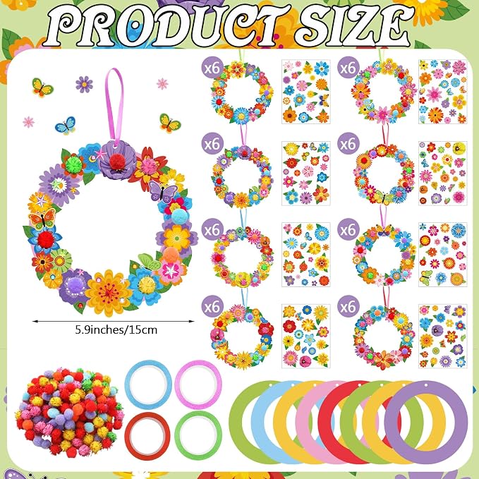 Hollowfly 48 Sets Flower Wreath Craft Kits DIY Wreath Seasonal Activities | Make Your Own Floral Decor, Paper Foam Circles with Stickers, Spring Summer Party Favors Seasonal Craft Activities for Kids