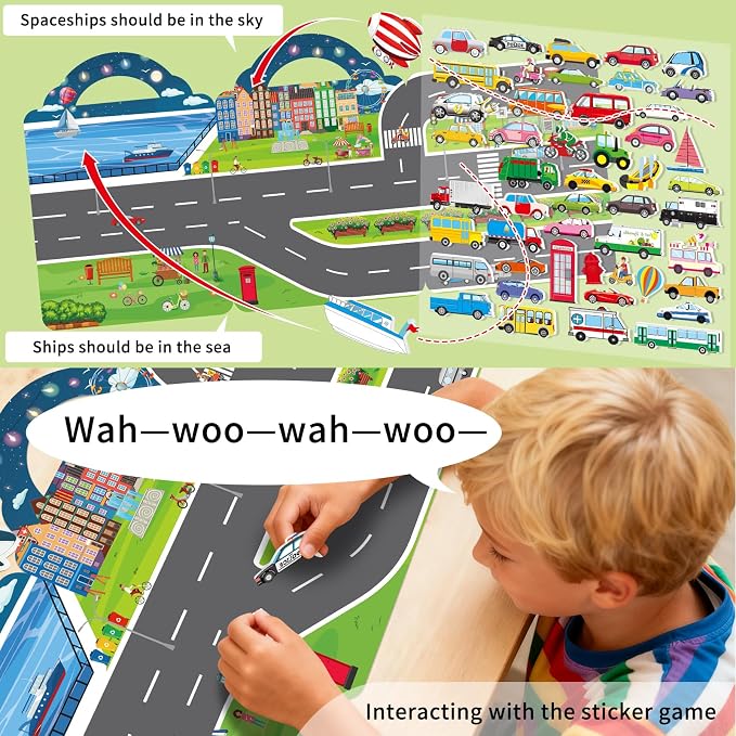 Elfew 2 Pack Puffy Vehicle Sticker Books for Toddlers Ages 2-4 3-5 | Extra-Large Tri-Fold Sticker Book, Construction Truck and Car Theme, Over 100+ Stickers, 3D Reusable, Activity Gifts for Boy