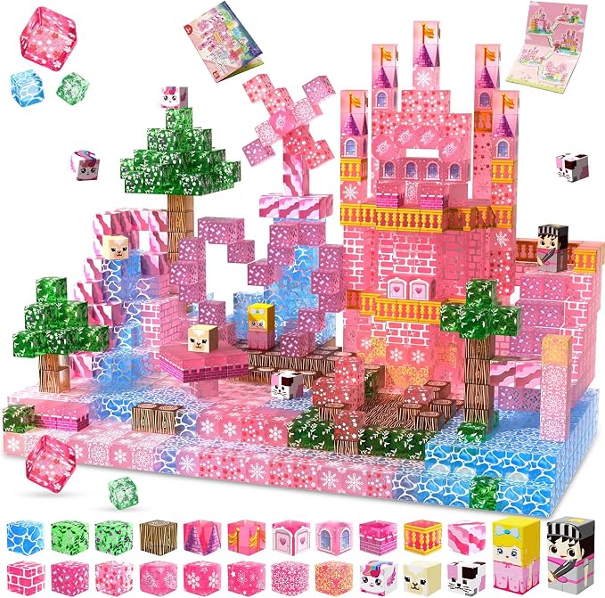 Magnetic Blocks - 100 PCS Transparent Magnetic Building Block for Kids, Pink Princess Castle Magnet Cubes Sets, Princess Toys for Girls Ages 3 4 5 6 7 8-12 Birthday Gifts