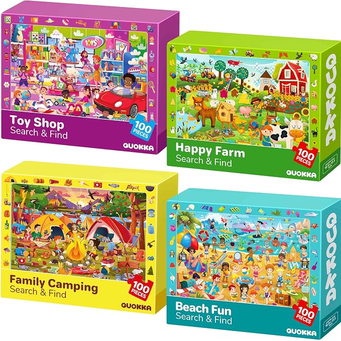 100 Piece Puzzles for Kids Ages 4-6 - 4 Jigsaw Kids Puzzles Ages 5-8 | Search and Find Artist-Crafted Illustrations with Daily Life, Hidden Objects - Educational Activity Puzzles for Kids Ages 4-8