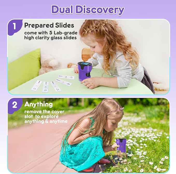 Kids Digital Microscope Science Gift: Complete STEM Toy Kit for Ages 4-12 | 32GB Card for Photos & Video / Custom EVA Case / Real Glass Slides / Upgraded 3mm Slide Slot / 2.5H Rechargeable Use