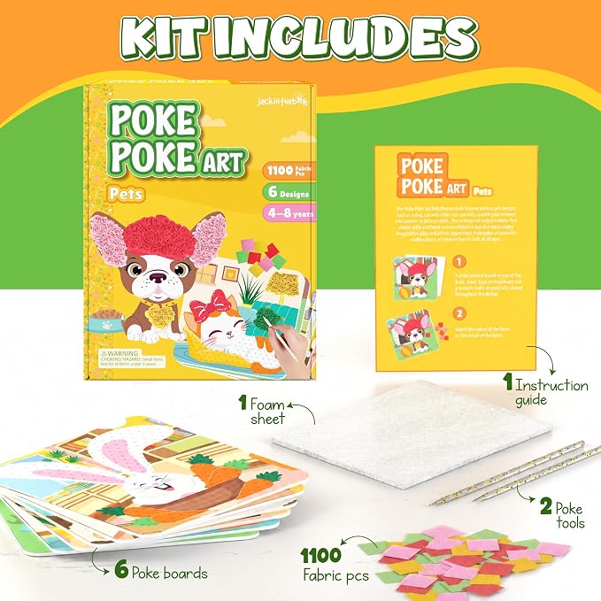 jackinthebox Poke Art Pets Crafts Kits for Children, Gifts Toys, Ages 4-8 | 1400 fabric pieces, travel arts activities & birthday gifts, mess-free toddler, age 4 5 6 7 8 9 year old, flower pressing