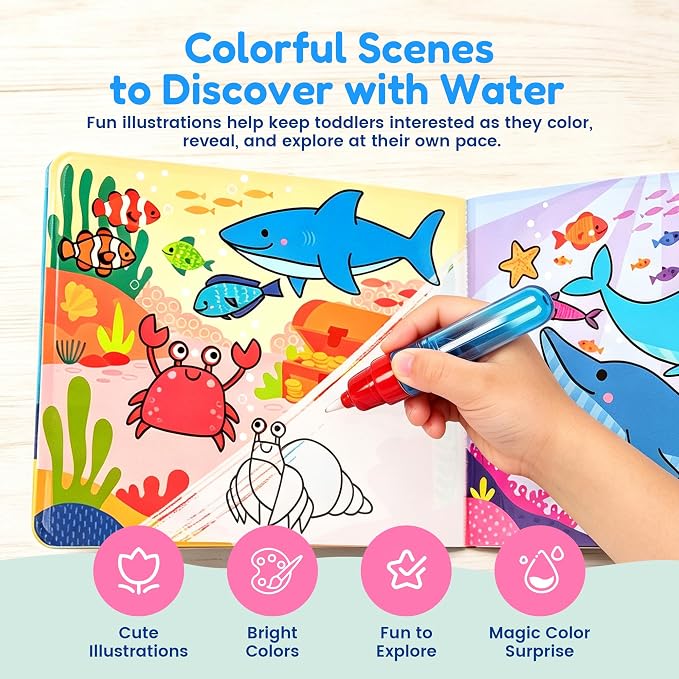 JoyCat Paint with Water Coloring Book for Toddlers, Reusable (Ocean) | Water Coloring Books with Water Pens, No Mess Travel Toy for Kids to Develop Creativity,Educational Learning Kits Gifts