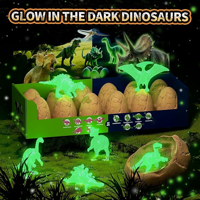 12 Glow in The Dark Dinosaur Eggs, Excavation Kit with Magnifier | Dig Kit Toys for Kids, Easter Basket Stuffers, Science STEM Party Favor Gifts for Boys Girls Age 3 4 5 6 7 8 9 10 + Years Old