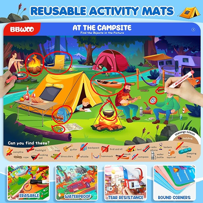 BBWOO Search and Find Activity Book, Reusable Travel Game Toys for Kids 3-8 | Car Airplane Road Trip Activities for Kids Games, Preschool Learning Activities, Educational Seek Game,Gifts for Boys Girls