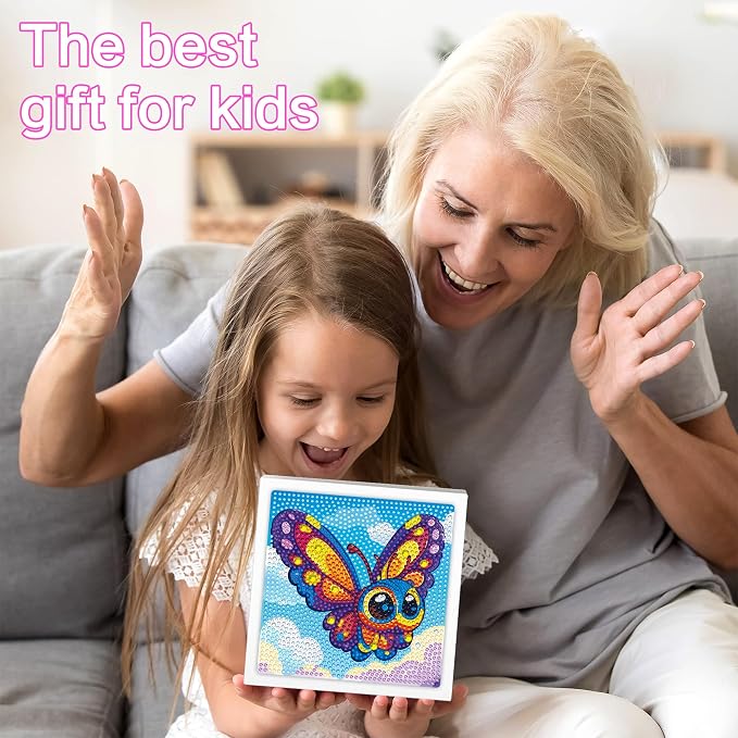 Reofrey Diamond Art Kits for Kids with Frame, 5D DIY Butterfly Diamond Painting Kits, Fun Arts and Crafts Gift for Girls & Boys Ages 4-12, Creative Educational Toy for Beginners (7x7 Inches)
