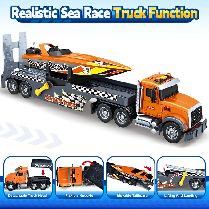 Bstoyder Toddler Boy Toys for 3 4 5 6 7 Years Kids, 21" Semi Flatbed Truck Toy with a Sea Race Truck, Friction Powered Vehicles Toys with Lights and Sounds, Birthday for Boy Girls