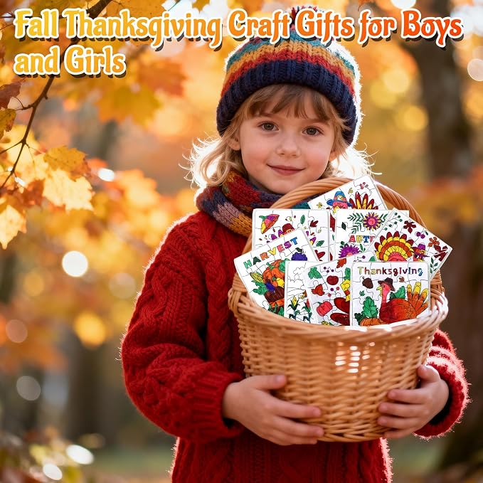 Fall Thanksgiving Crafts for Kids, Autumn Activity Art DIY Kit Blank Puzzle | 24 Set Thanksgiving Jigsaw Pumpkin Turkey for Friendsgiving Party Favors Classroom Gift Coloring Game Toy Supplies Bulk