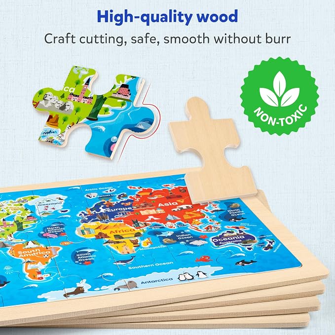 SYNARRY Large USA Map, World Map & Solar System Wooden Puzzles Ages 4-6 | Puzzles for Kids Ages 3-5, Birthday Gifts for Boys & Girls, Educational Geography & STEM Toys, Screen-Free Play