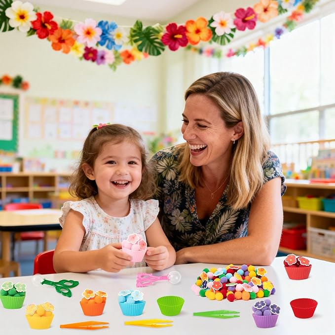 EZdhuawuse Summer Sensory Bin Fillers - 304Pcs Hawaii Flower Fine Motor Toys Counting Sorting for Kids, Felt Colorful Hawaii Flower Pom Poms Cup Clip for Preschool Education Birthday Gift Party Favors