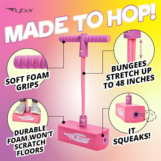Flybar My First Foam Pogo Jumper for Kids Fun and Safe Pogo Stick for Toddlers, Durable Foam and Bungee Jumper for Ages 3 and up, Supports up to 250lbs (Pink)