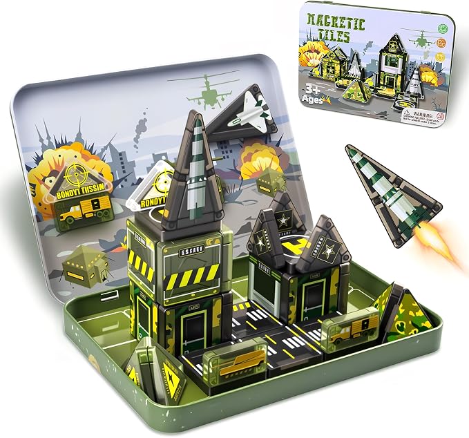 Magnetic Tiles,42PCS Magnetic Building Blocks with Metal Storage Box,Magnet Tiles for Kids Ages 3+,Magnet Tile for Boys & Girls(Military)