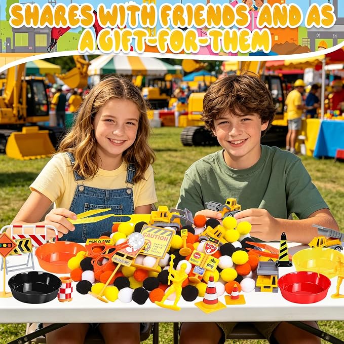260Pcs Construction Sensory Bin Filler Construction Fine Motor Sensory Bin Items Pom Poms Vehicles Road Signs Worker Figures for Summer Counting Sorting Training Decor
