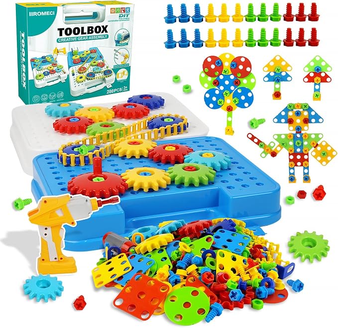Gears toys for Kids Ages 4-8, STEM Educational Toys Gears Building Toy Set | 280PCS Electric drill toy; Engineering Building Blocks Learning Toy; Develop creativity & imagination; Gifts for Boys Girls